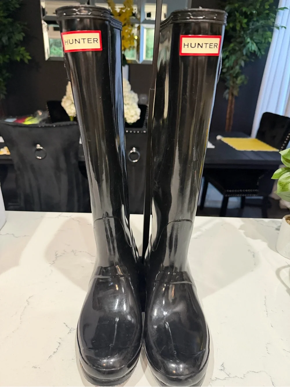 Hunter Glossy Black Tall Rain Boots with Red Logo